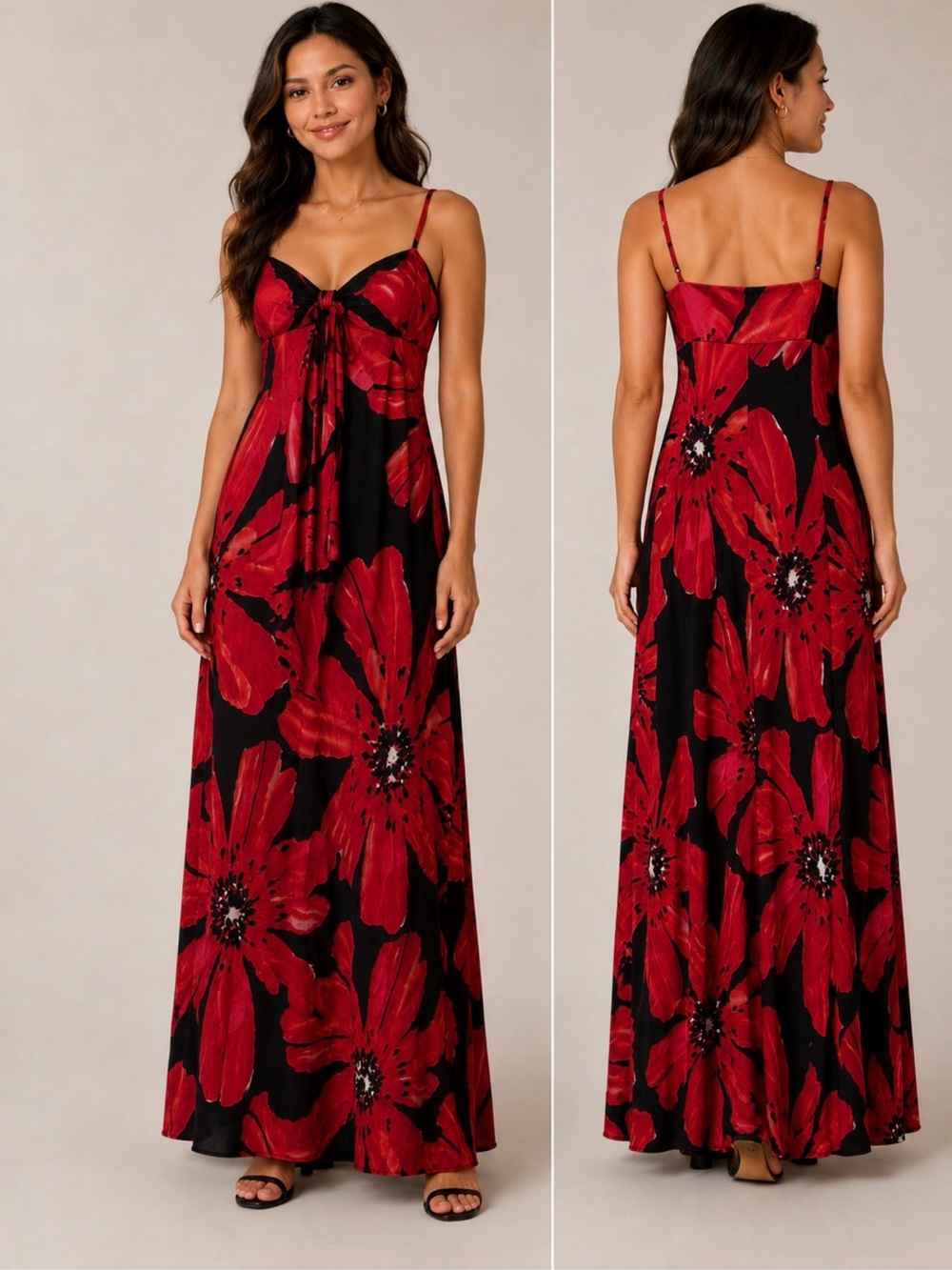 Maggy London Viscose unlined Sz 8, Red Floral Spaghetti-Strap Maxi Dress
